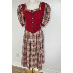 Vintage 90s Austrian Corset Midi Dress | Puff Sleeve Plaid Cottagecore Resort